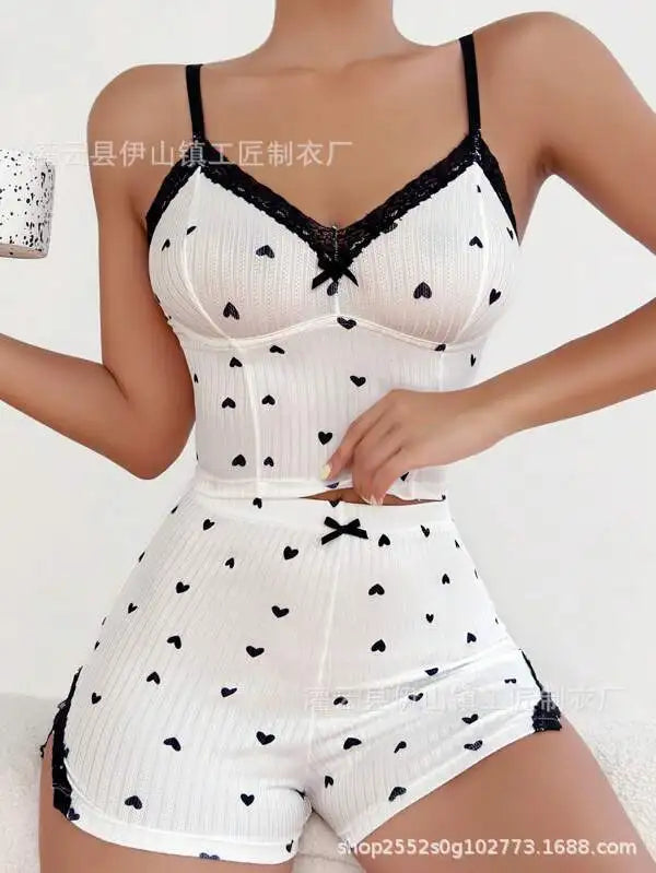Cross-border casual lace trim bowknot suspender shorts women's thin home wear set European and American new style Peaceful Pleasures Health and Wellness White M