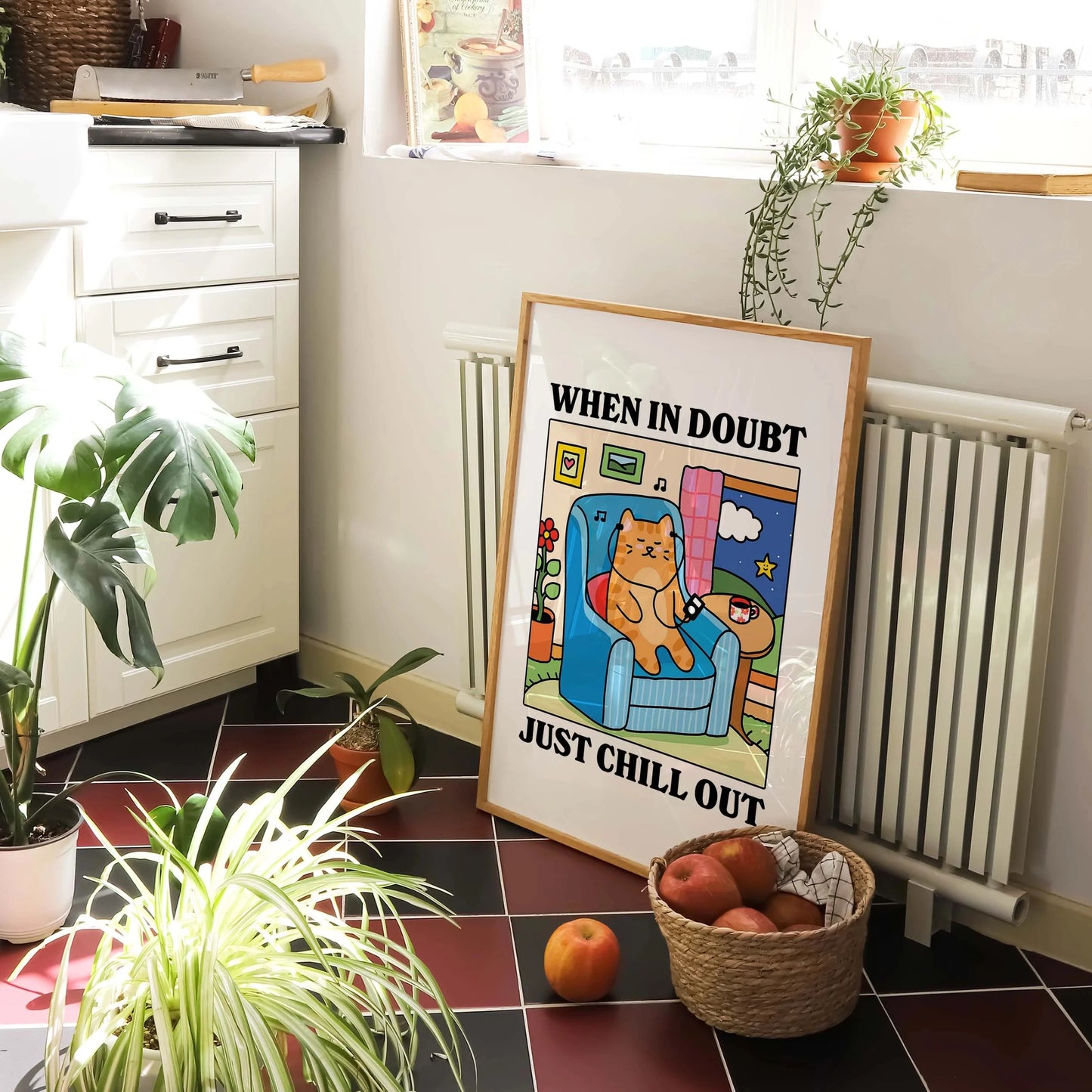 "When In Doubt, Chill Out" Cartoon Cat Canvas Wall Art Print