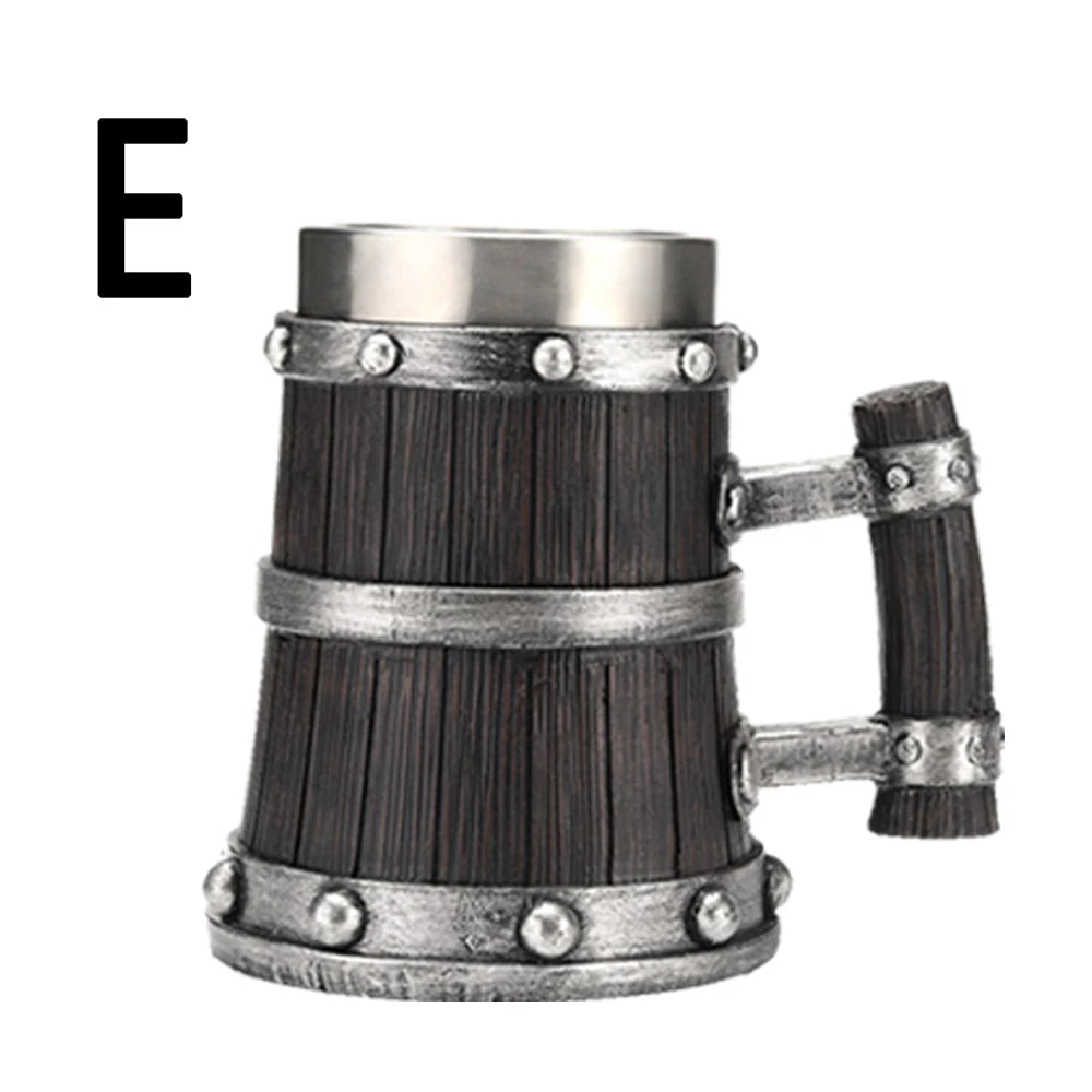 Wooden Barrel Beer Cup Stainless Steel Coffee Mug Viking Style Vintage Beer Mug Double Wall Drinking Cup Halloween Bar Drinkware Peaceful Pleasures Health and Wellness E 600ml