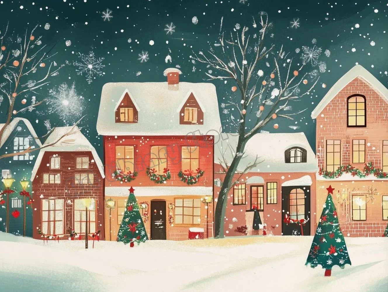 Snowy Christmas Village Canvas Wall Art | Unframed Holiday Print