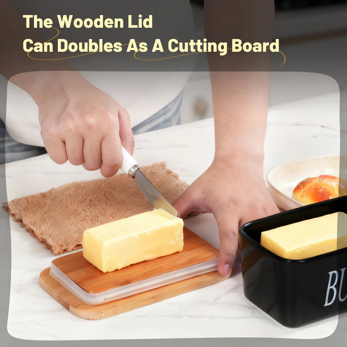 1 Set Of Ceramic Butter Dish With Bamboo Lid And Built-In Knife Butter Keeper With Double Silicone Sealing Ring Kitchen Peaceful Pleasures Health and Wellness