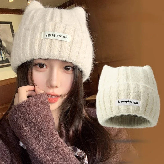 Cat Ear Knitted Beanie – Korean Style Winter Hat for Women Knitted Beanie Hat Oasis Select