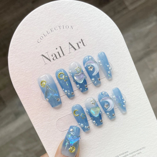 3D Star Moon Press On Nails – Gradient Blue Fairy Style Press On Nails Peaceful Pleasures Health and Wellness
