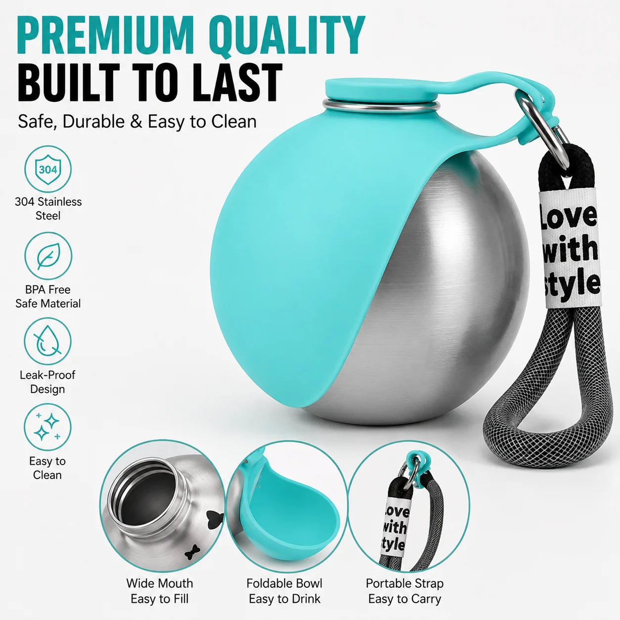 Portable Stainless Steel Pet Water Bottle with Silicone Drinking Bowl for Dogs and Cats Outdoor Walking Hiking Travel Use Peaceful Pleasures Health and Wellness