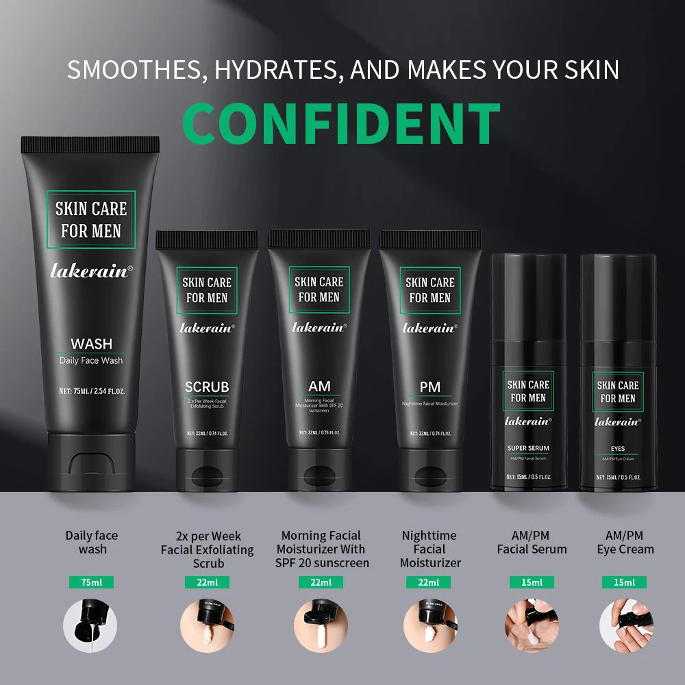 Lakerain Skin Care for Men Kit Oil Control Skin Firming Increase Hydrate Deep Cleaning Face 7 PCS Per Set Travel Skin Care Kit Peaceful Pleasures Health and Wellness