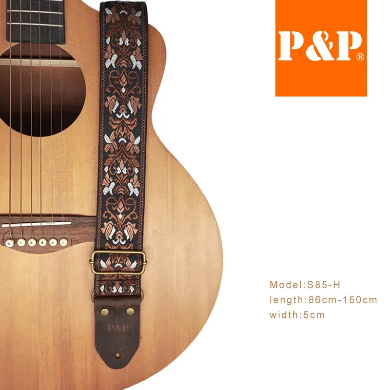 PP Guitar Strap S85 Series Ethnic Jacquard Embroidery Leather Brown