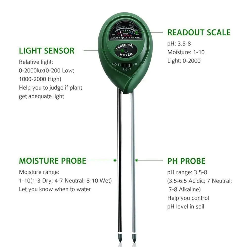 NEW 3 In1 Moisture Sunlight PH Meter Soil Water Acidity Humidity Light PH Test Garden Plants Flowers Moist Tester Peaceful Pleasures Health and Wellness