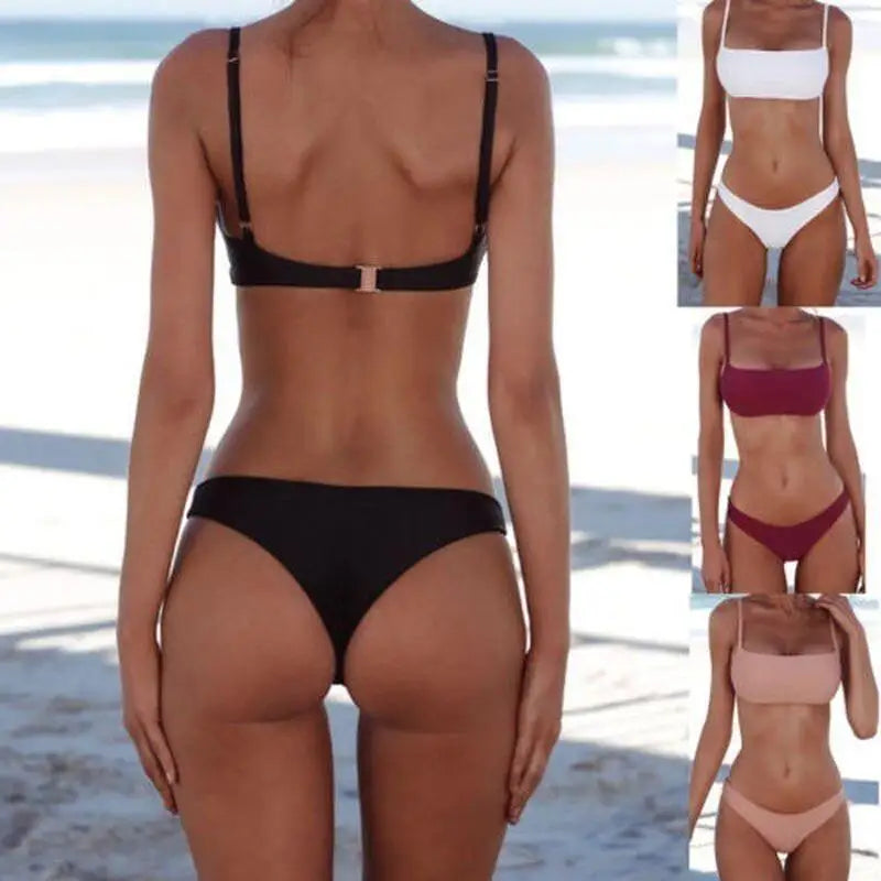 Women's Bikini Solid Two Swimsuit Sexy Spaghetti Strap Beach Swimwear