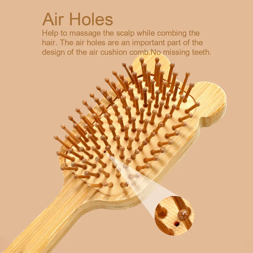 Cute Animal-Ear Bamboo Air Cushion Hairbrush | Wide-Tooth Comb