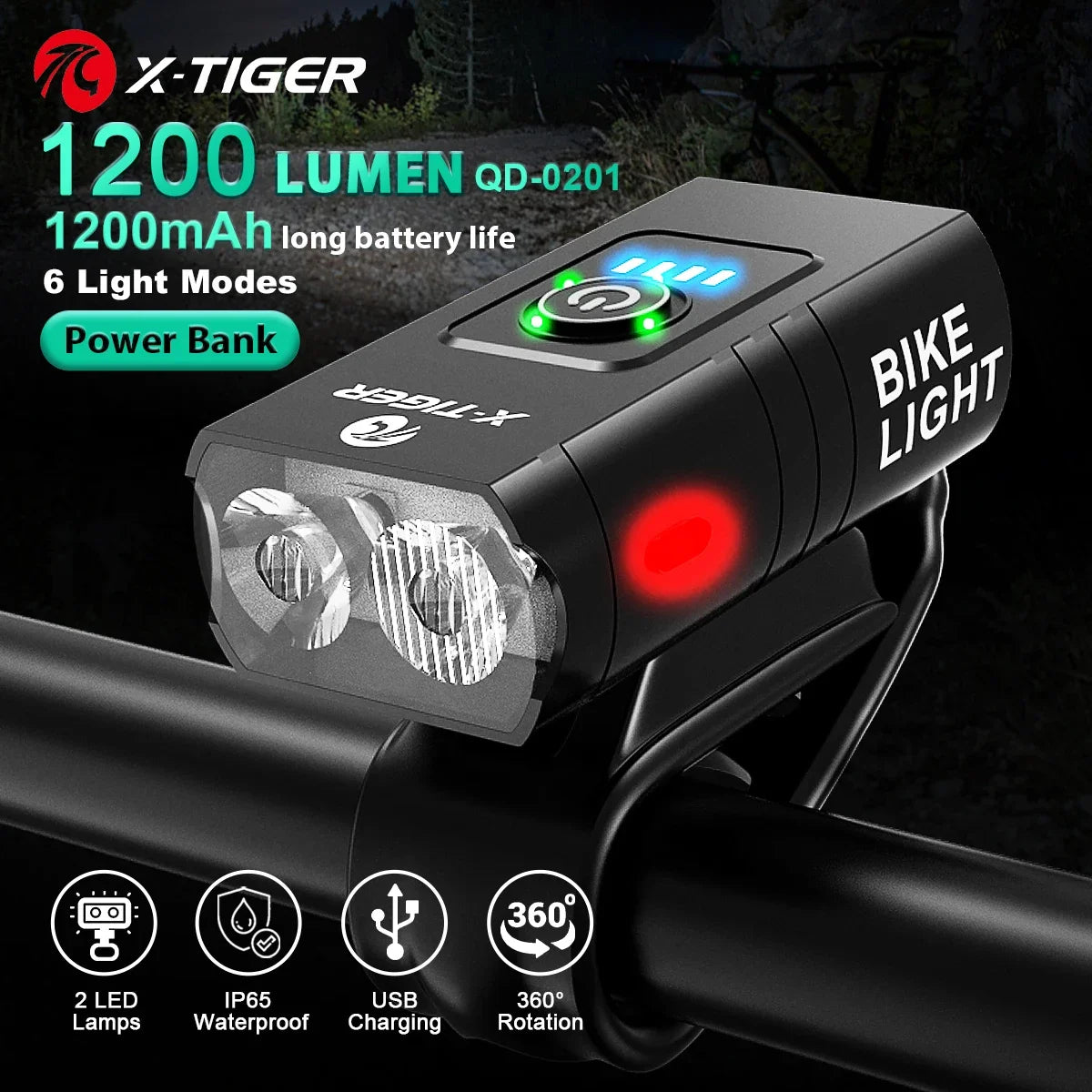 X-TIGER USB Rechargeable Bike Light – 1600 Lm, IPX6 Waterproof