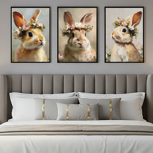 Vintage Floral Rabbit Canvas Wall Art | Bunny Flower Crown Print Canvas Wall Art Peaceful Pleasures Health and Wellness