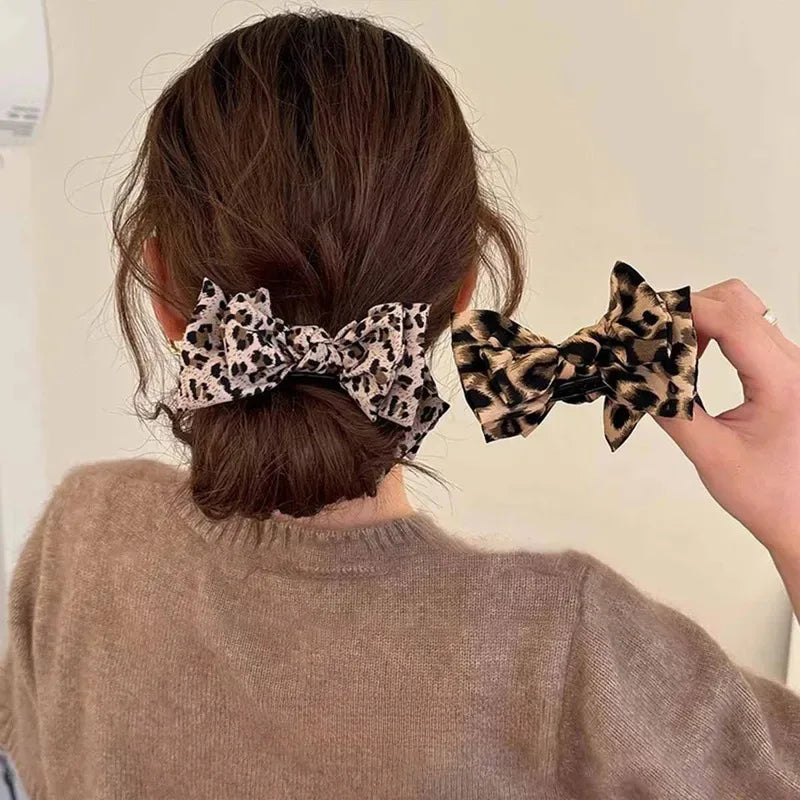 Vintage Leopard Print Bow Hair Clip Barrette for Women