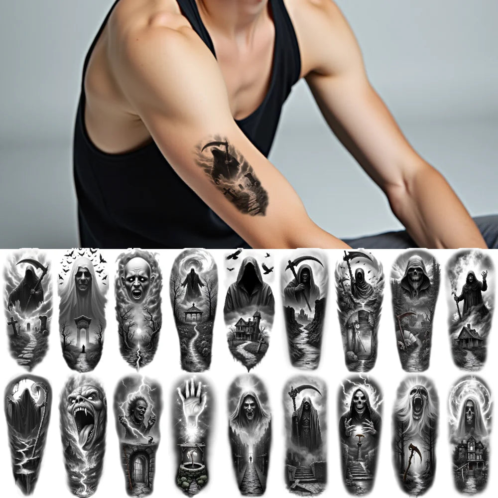 12pcs Halloween Temporary Tattoos – Grim Reaper, Vampire & Witch