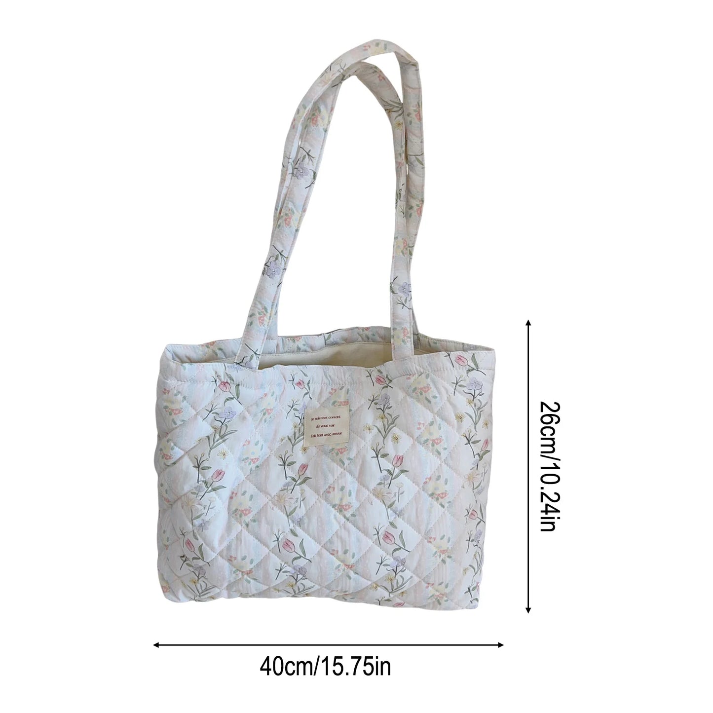 French Floral Quilted Tote Bag for Women Large Capacity Shoulder Handbag with Cotton Li-ning Stylish Mommy and Book Bag Peaceful Pleasures Health and Wellness