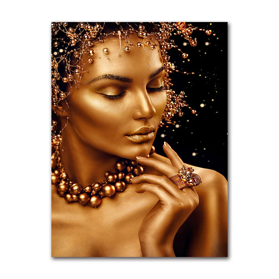 Gold Woman Oil Painting on Canvas Cuadros Posters and Prints Wall Art Picture for Living Room Sexy Nude African Black Peaceful Pleasures Health and Wellness 2874-01 40x60cm Unframed