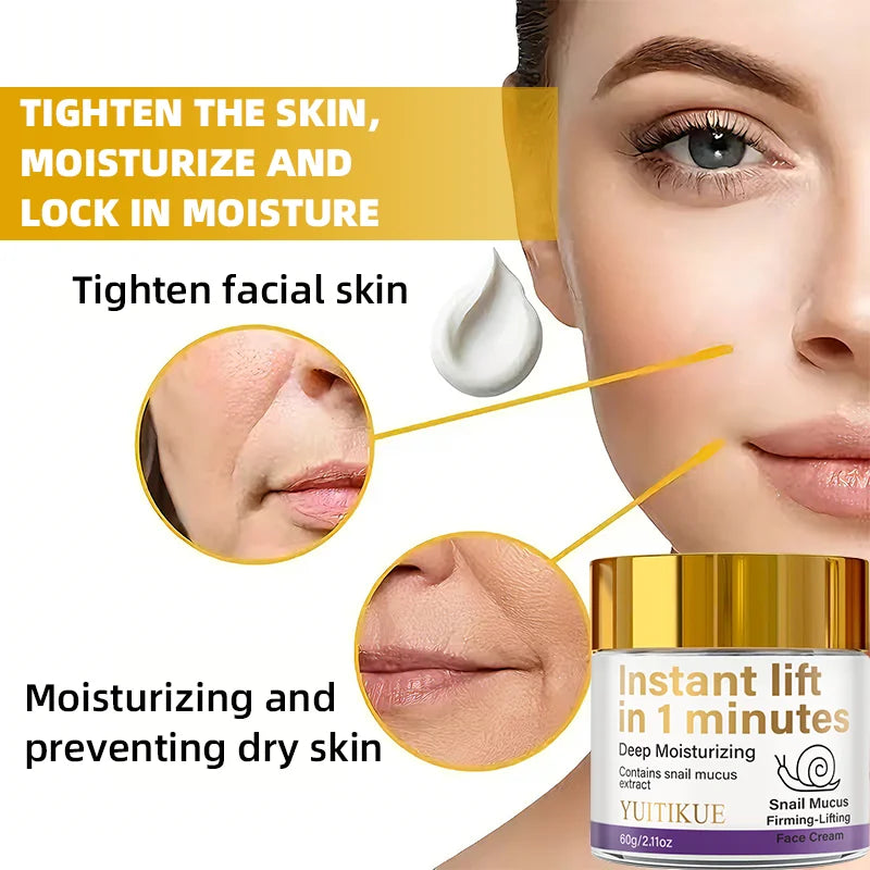Snail Mucin Firming Cream instantly lifts within 1 minute, deeply moisturizes, and contains snail mucin extract Peaceful Pleasures Health and Wellness