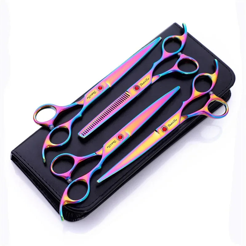 4pcs/Set 7.0 Inch High Quality Straight & Thinning & Curved Grooming Shear Professional Peaceful Pleasures Health and Wellness Multicolor