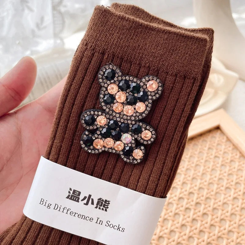 Diamond Cartoon Bear Decorative Socks, Fashionable Diamond Sparkling Women's Socks, Comfortable And Breathable Christmas Socks Peaceful Pleasures Health and Wellness Brown One Size