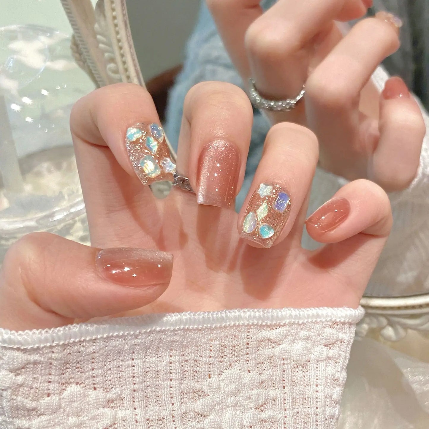 Pink Cat Eye Press On Nails – Glitter Diamond Short False Tips
