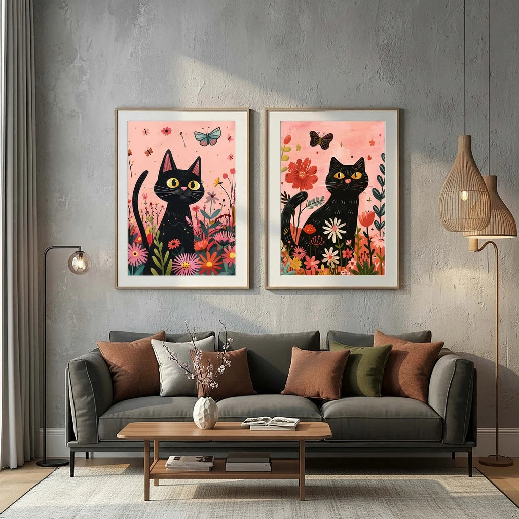Nordic Wall Art Cute Black Cat Playing with Flowers Canvas Painting Modern Style Poster Prints Bedroom Living Room Wall Decor Peaceful Pleasures Health and Wellness
