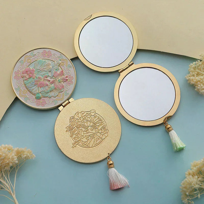 Chinese Style Metal Folding Makeup Mirror with Tassel | Portable