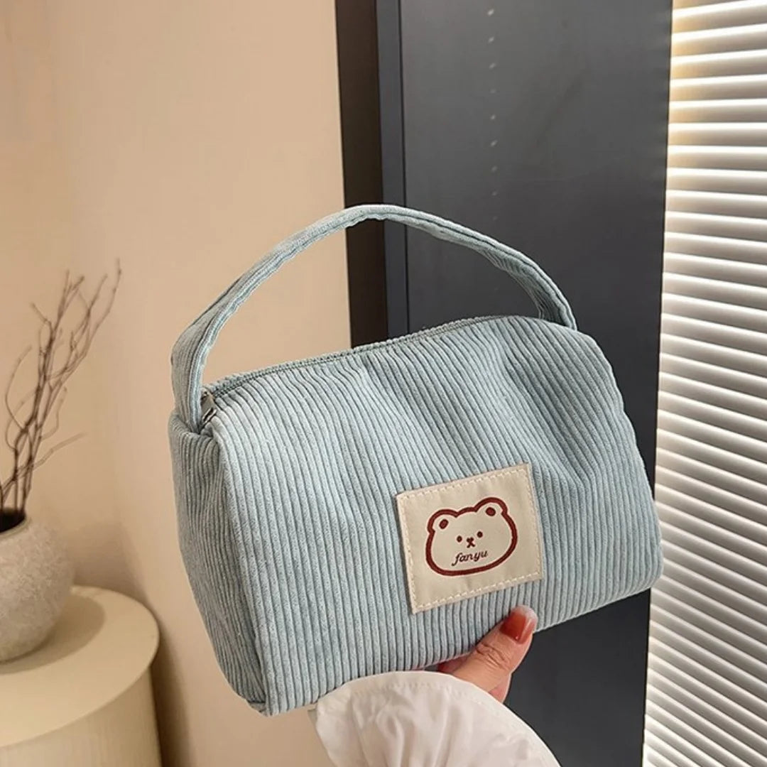 Bear Corduroy Large Makeup Bag – Zipper Cosmetic Organizer