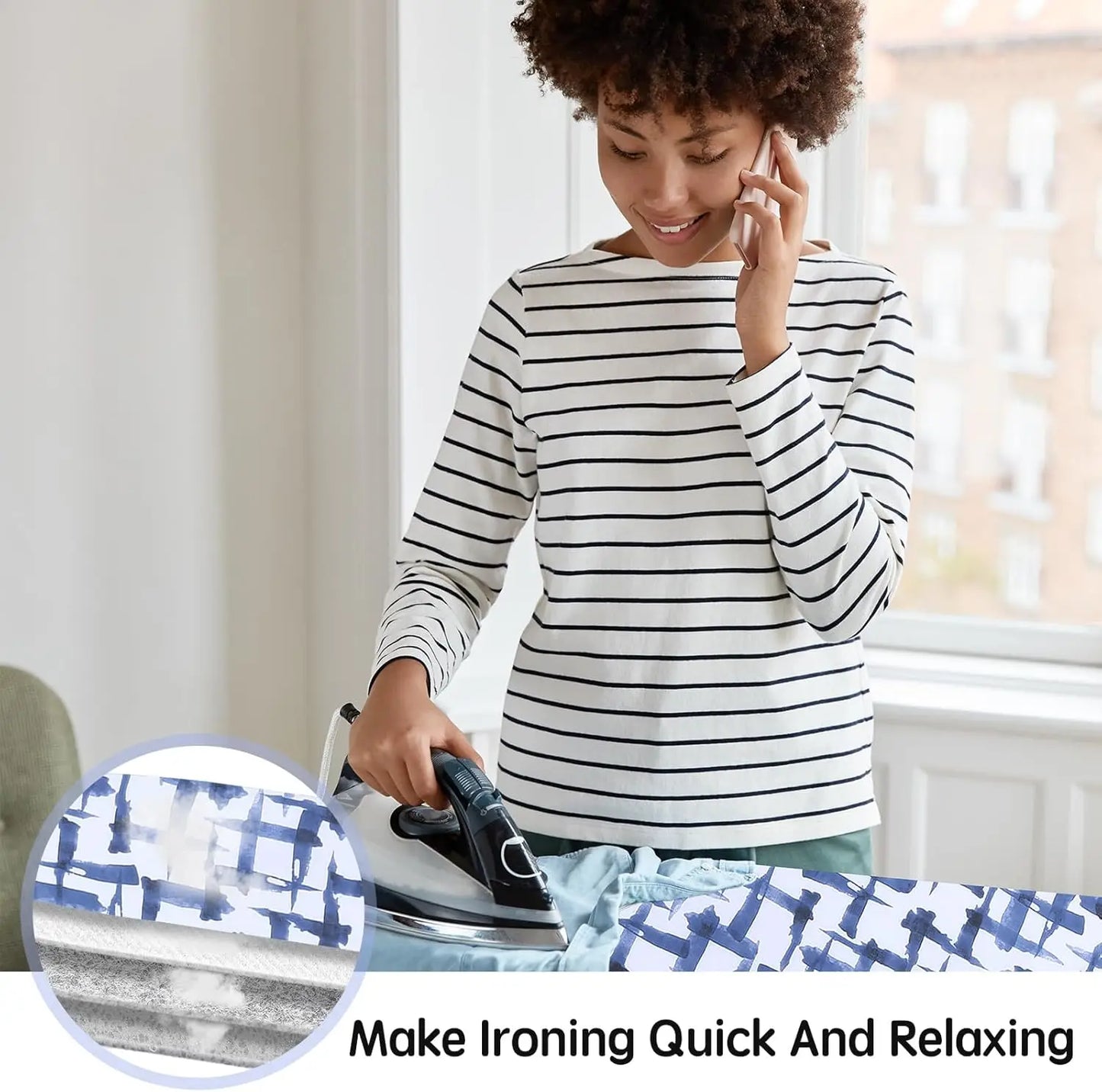 Woman ironing clothes with a phone to her ear, with a close-up of an ironed fabric.