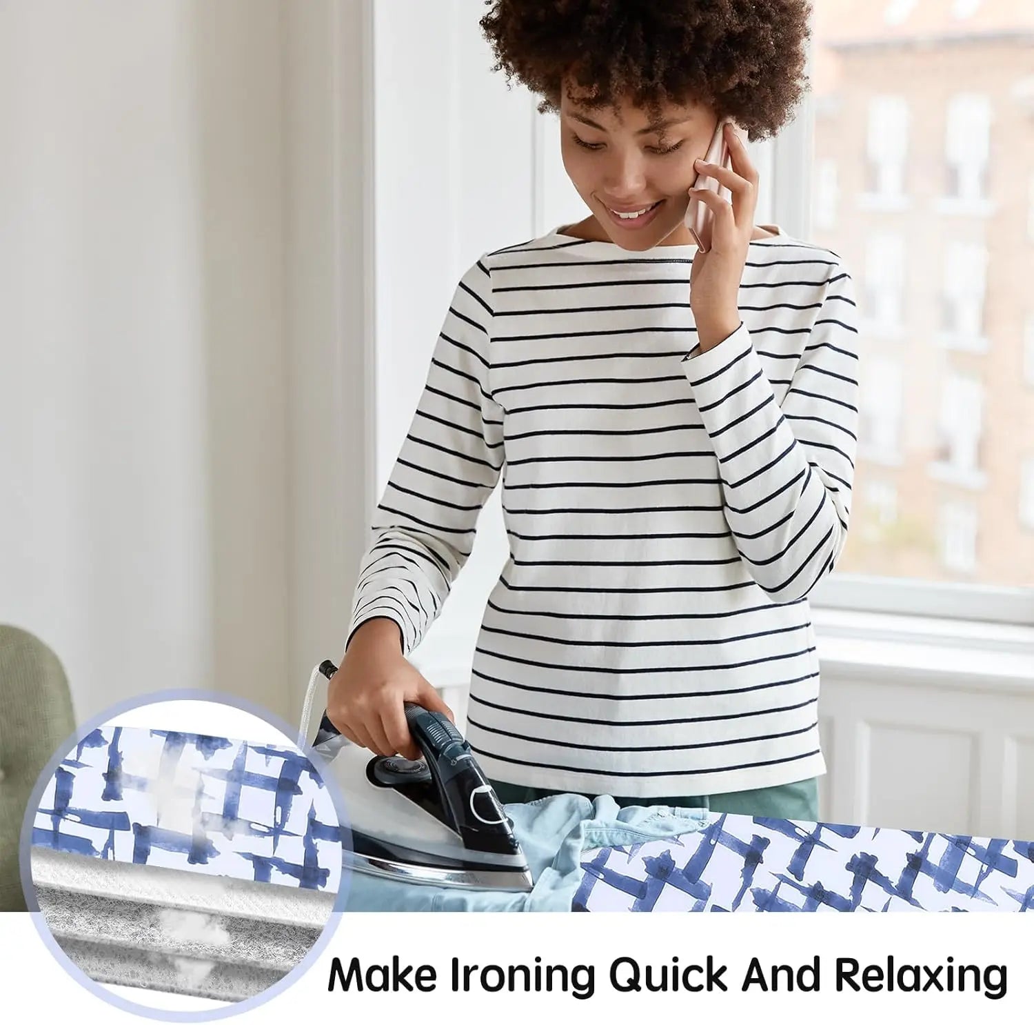 Woman ironing clothes with a phone to her ear, with a close-up of an ironed fabric.