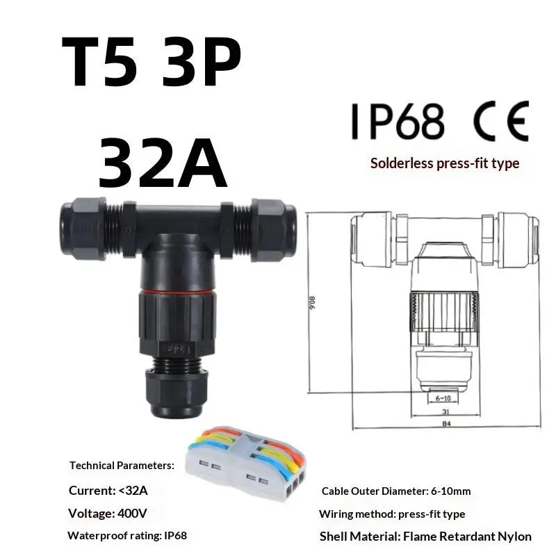 1Pc T Shape Waterproof Electric Connector Quick Screw Connect Push-in Terminals IP68 2/3/4/5Pin For Junction Box Wire Connector Peaceful Pleasures Health and Wellness T5 3PIN 32A