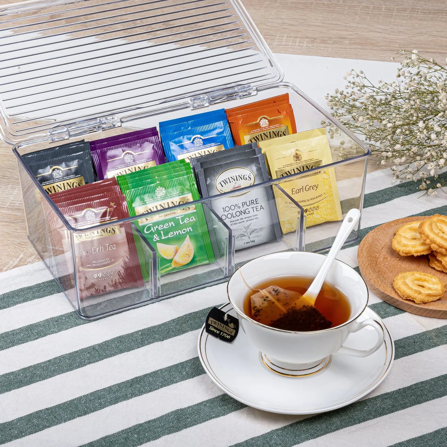 8-Compartment Acrylic Tea Box Organizer with Lid | Tea Storage Tea Bag Organizer Peaceful Pleasures Health and Wellness