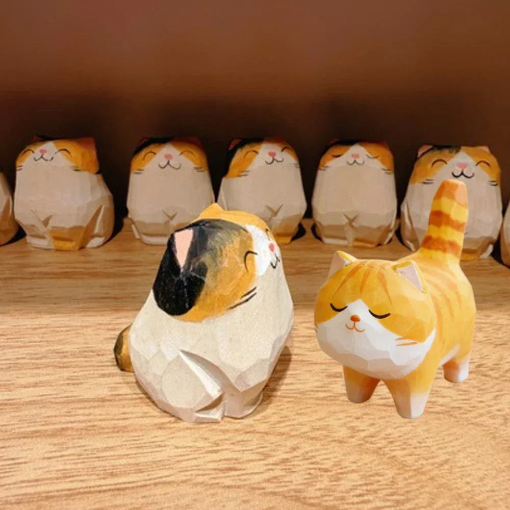 Handmade Wooden Carved Cat Figurine Multi Style Cute Kitten Sculpture Calico Orange Cat Desktop Decor Home Indoor Art Craft Peaceful Pleasures Health and Wellness