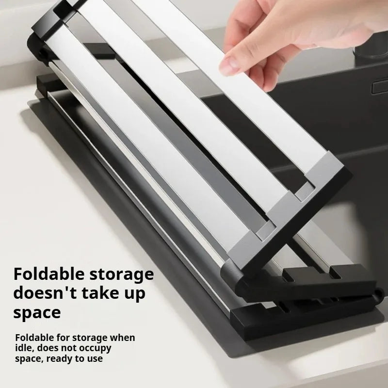 Foldable Over-Sink Drying Rack – 304 Stainless Steel & Silicone Roll-Up Dish, Fruit & Vegetable Drainer