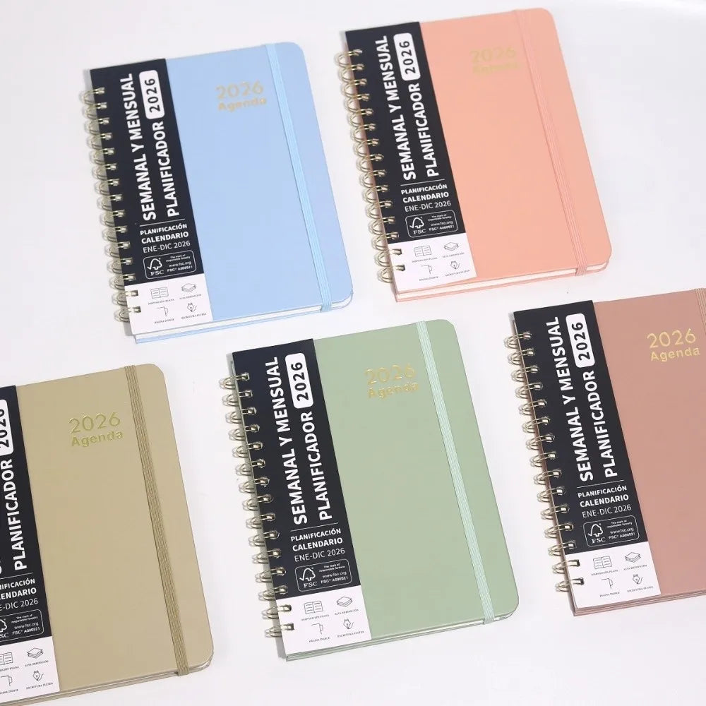 2026 Spanish Planner a5 Notebook Essential Daily Organizer Self-Tracking Diary Book Convenient Coil Calendar Peaceful Pleasures Health and Wellness