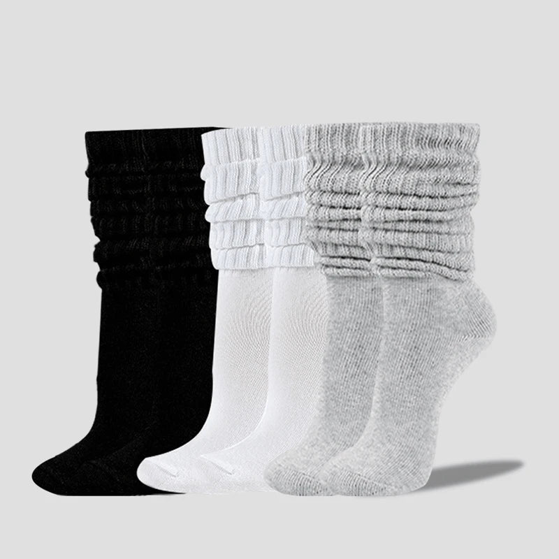 3 Pairs Women Pile Up Socks Fashionable Trendy Versatile White Solid Color Basic Socks Comfortable Breathable Mid Length Socks Peaceful Pleasures Health and Wellness
