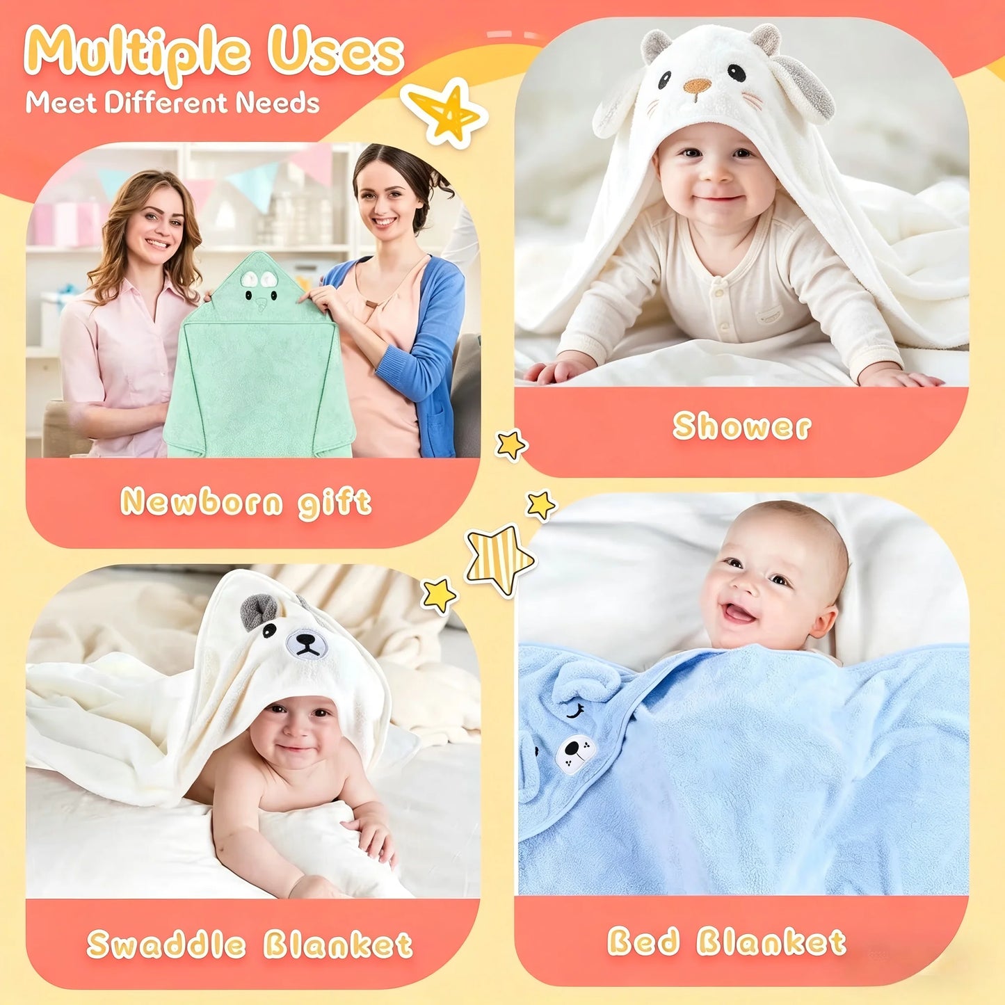 Baby Bath Towel Cape | Soft Cartoon Animal Design, Ages 0–2