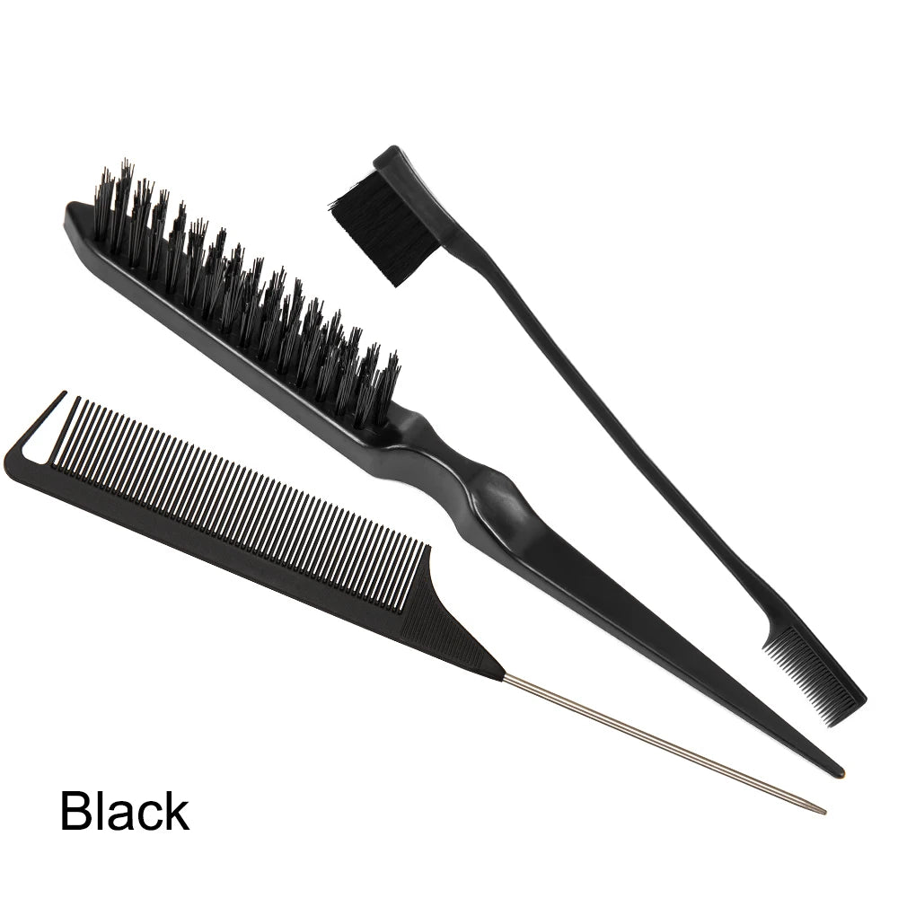 3 Piece Women's Hair Styling Brush Set Teasing Fluffy Rat Tail Comb Triple Teasing Curly Hair Accessories for Fluffy Volume Peaceful Pleasures Health and Wellness Black
