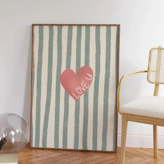 Pink Retro Striped Love Hearts Canvas Wall Art Print | Home Décor Canvas Wall Art Peaceful Pleasures Health and Wellness G4207 30x40cm Wood Framed