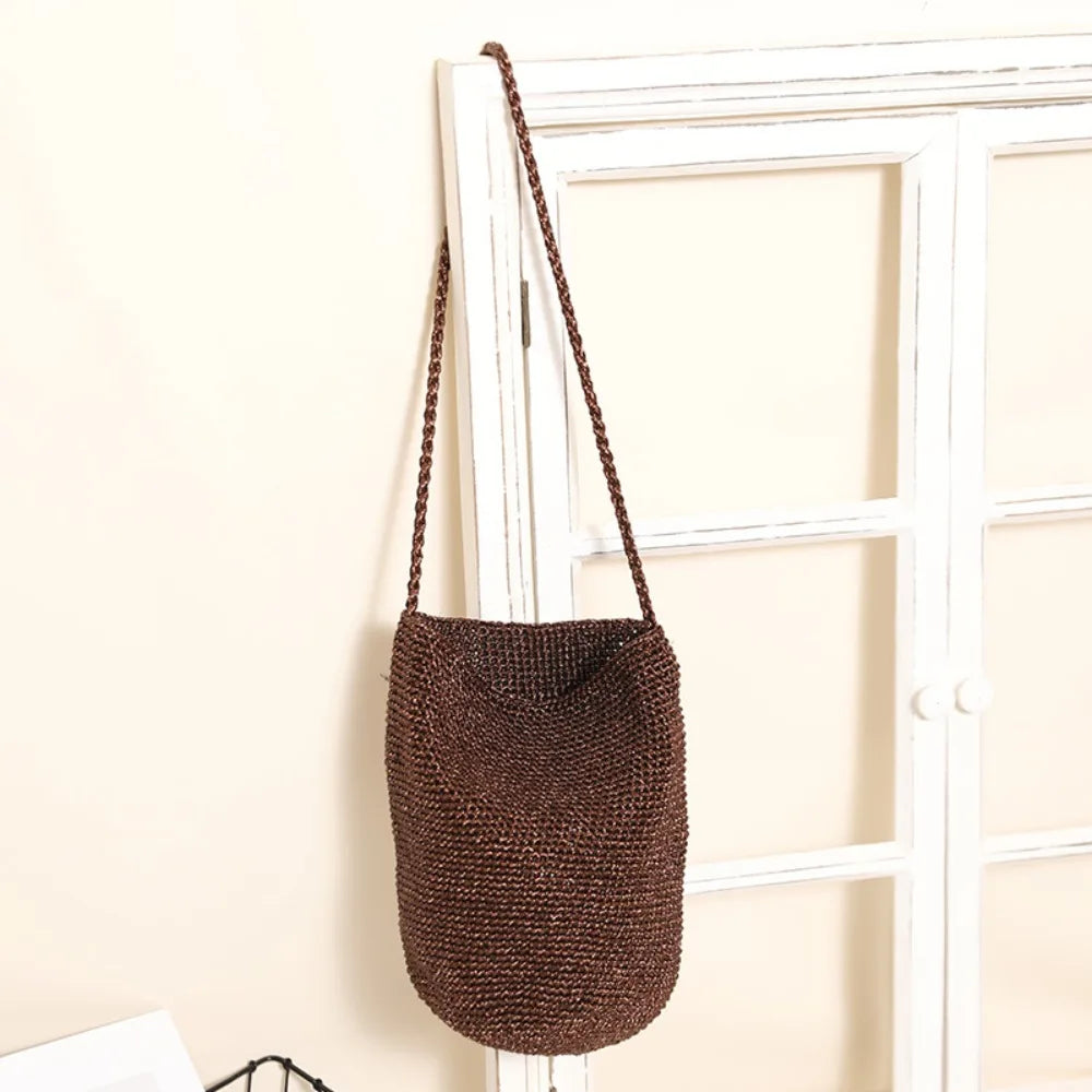 Korean Glitter Woven Bucket Bag – Crochet Tote & Beach Bag Woven Bucket Tote Peaceful Pleasures Health and Wellness Brown