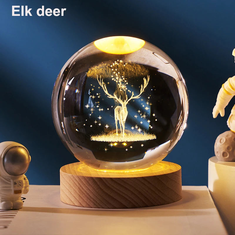 6cm 3D Crystal Ball Decoration 2026 Astronomy Solar System Planets Moon Astronaut LED Balls Home Snow Glass Globe Decorations Peaceful Pleasures Health and Wellness Elk Deer USB Plug