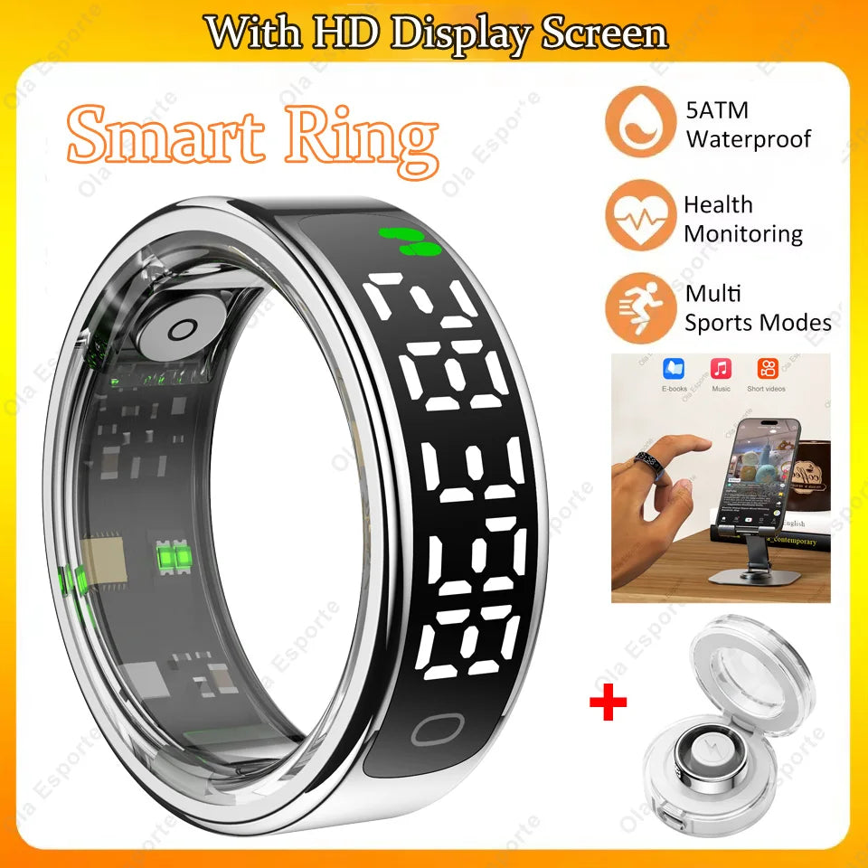 Smart Ring with Display Screen and Touch Heart Rate Blood Oxygen Sleep Health Monitoring Sports Count steps Waterproof Smartring Peaceful Pleasures Health and Wellness Silver 13