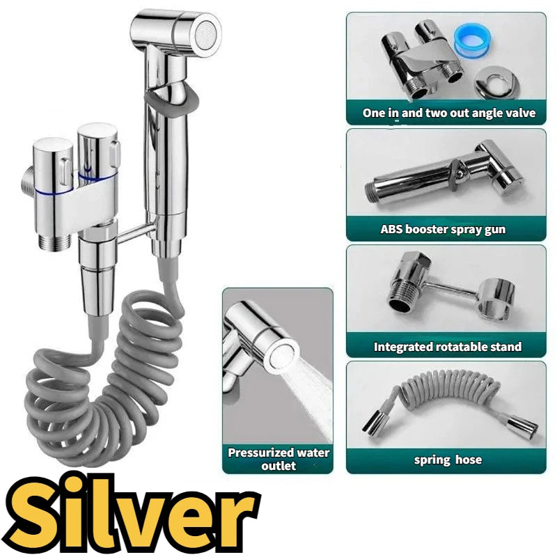 Toilet Cleaning Bidet Toilet Sprayer Set Water Portable Handheld Bidet Sprayer Shower Double Outlet Angle Valve Accessories Peaceful Pleasures Health and Wellness Silver