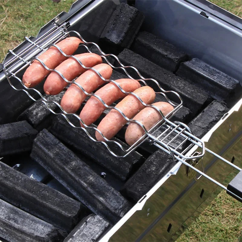 Hot Dog Grill Basket – 6-Sausage BBQ Rack with Wooden Handle BBQ Grill Basket Peaceful Pleasures Health and Wellness