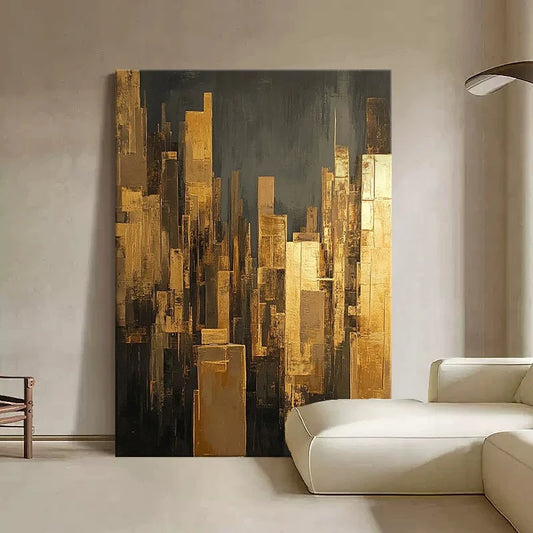 Hand Drawn Oil Painting Abstract Hanging Picture Gold foil Building Wall Art Texture Poster Living Room Porch Hotel Decor Mural Peaceful Pleasures Health and Wellness