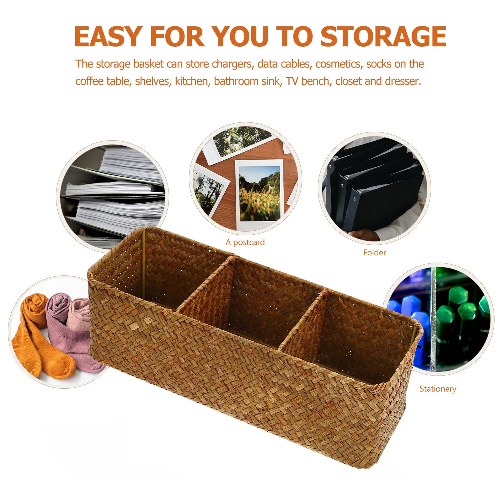 Desktop Storage Basket Woven Organizer Container for Home Office Bathroom Bedroom Charging Cables Cosmetics Cleaning Tools Socks Peaceful Pleasures Health and Wellness