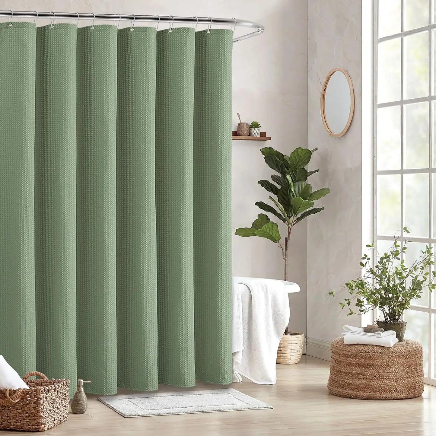 180x180cm Shower Curtain Waffle Weave Textured Oil-proof Shower Curtain for Bathroom Luxury Waterproof Curtain with 12 Hooks Peaceful Pleasures Health and Wellness Green 180*180cm