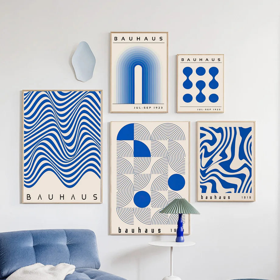 Mid Century Modern Blue Bauhaus Abstract Canvas Wall Art Print