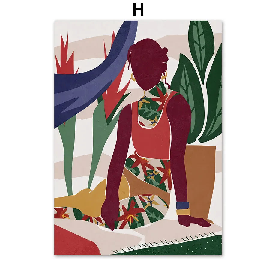 Boho Tropical Canvas Wall Art | Abstract Woman & Palm Leaf Print