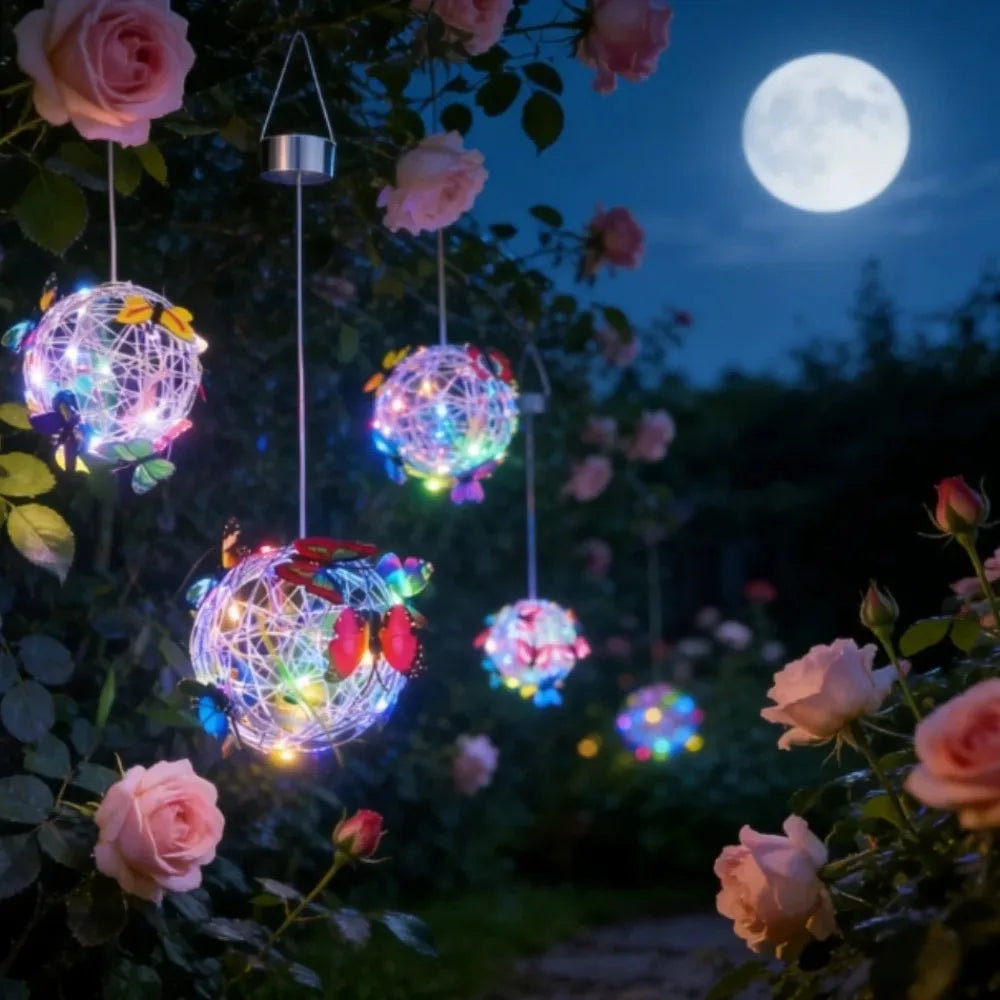 Outdoor Solar Garden Light Metal Home Decorative Nightlight Butterfly Pendant Waterproof Butterfly Round Ball Light Weaving Mesh Peaceful Pleasures Health and Wellness