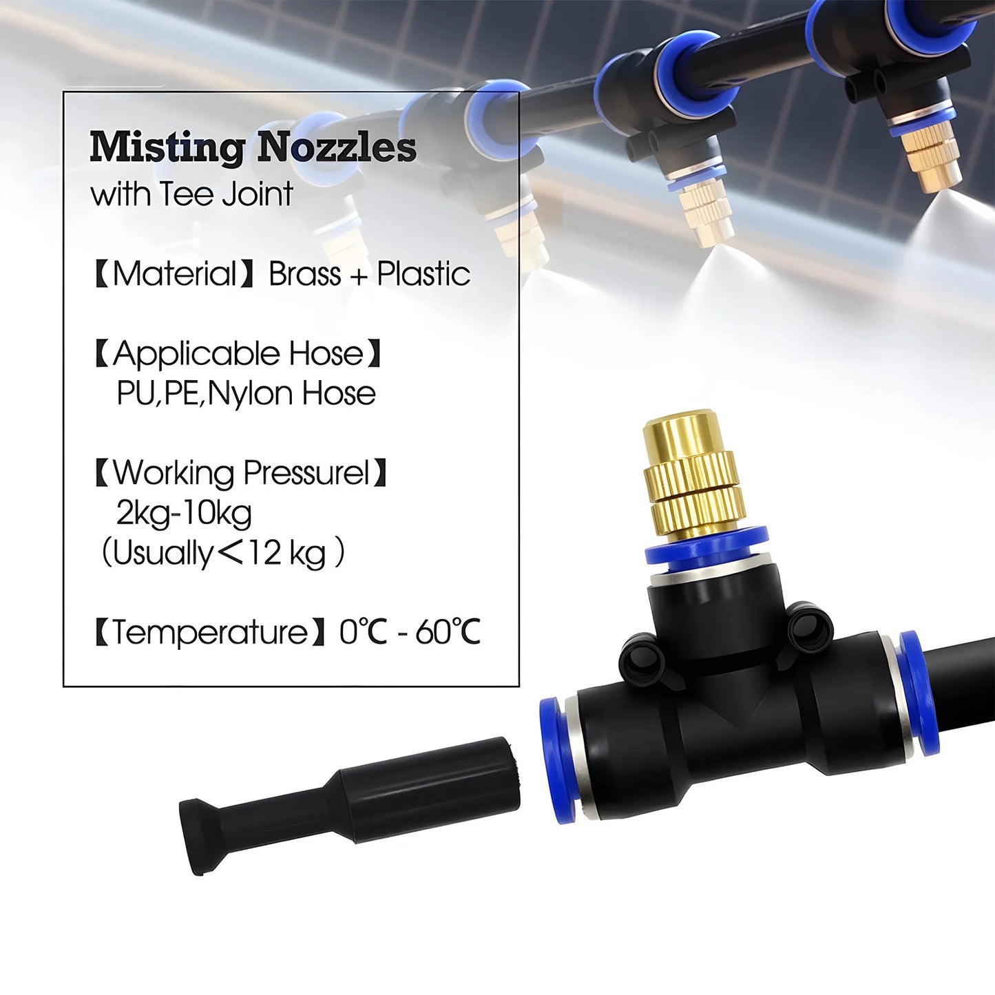 Brass Misting Nozzle with Tee Adapter Adjustable Atomizer Sprayer Outdoor Garden Irrigation Watering 6/8/10/12/14/16mm PE Tubing Peaceful Pleasures Health and Wellness
