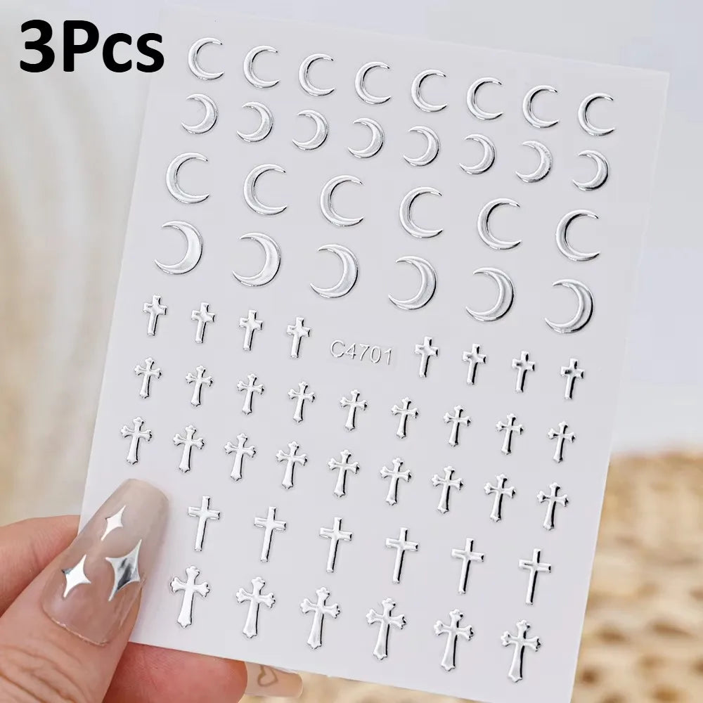 3D Silver Nail Art Stickers – Stars, Hearts & Chain Decals